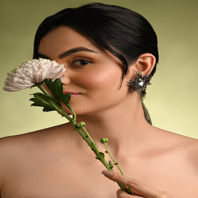 Modern Black And Silver Plated Stone Stud Earrings - BE-526-01 BLACK