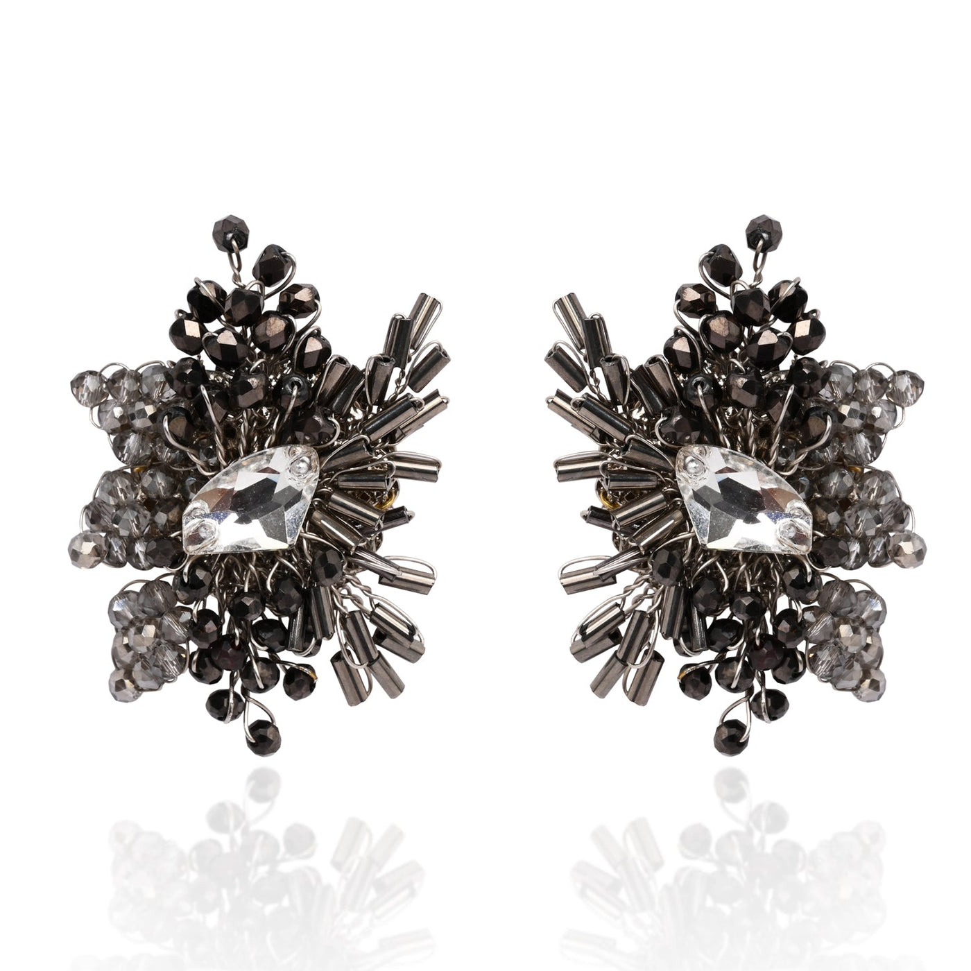 Modern Black And Silver Plated Stone Stud Earrings - BE-526-01 BLACK