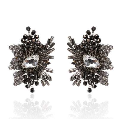 Modern Black And Silver Plated Stone Stud Earrings - BE-526-01 BLACK