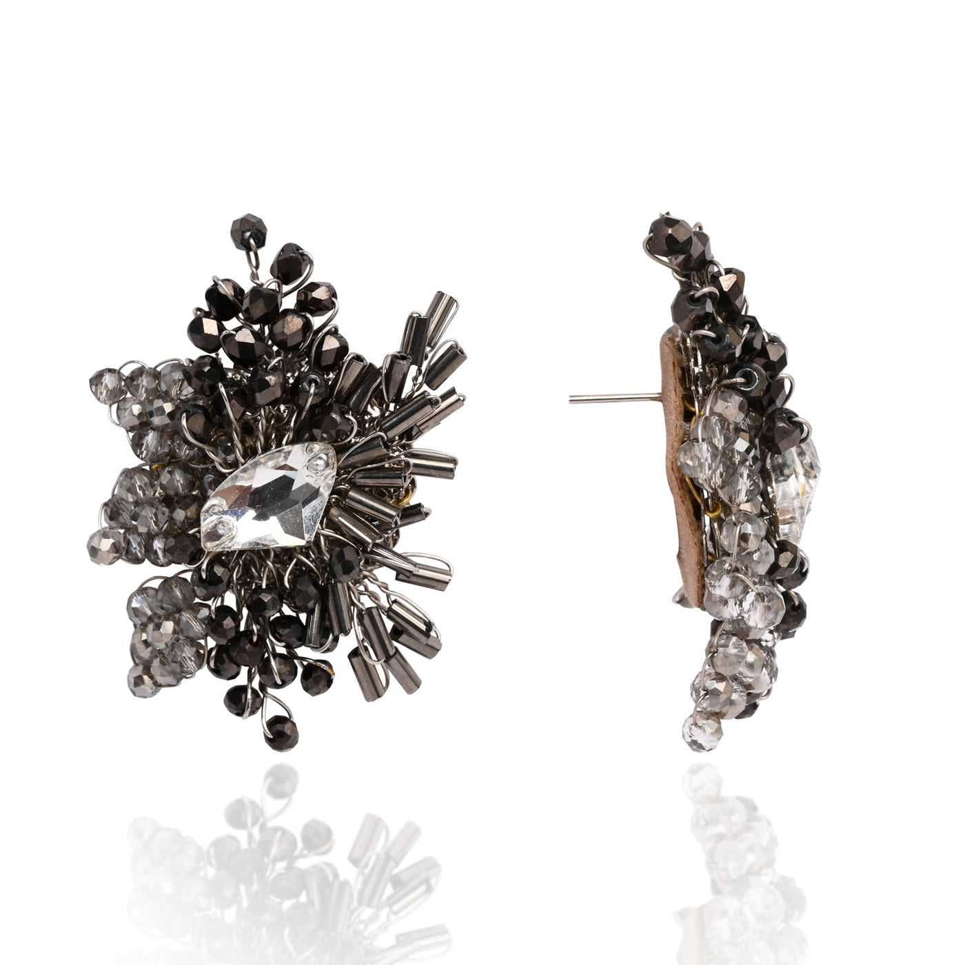 Modern Black And Silver Plated Stone Stud Earrings - BE-526-01 BLACK