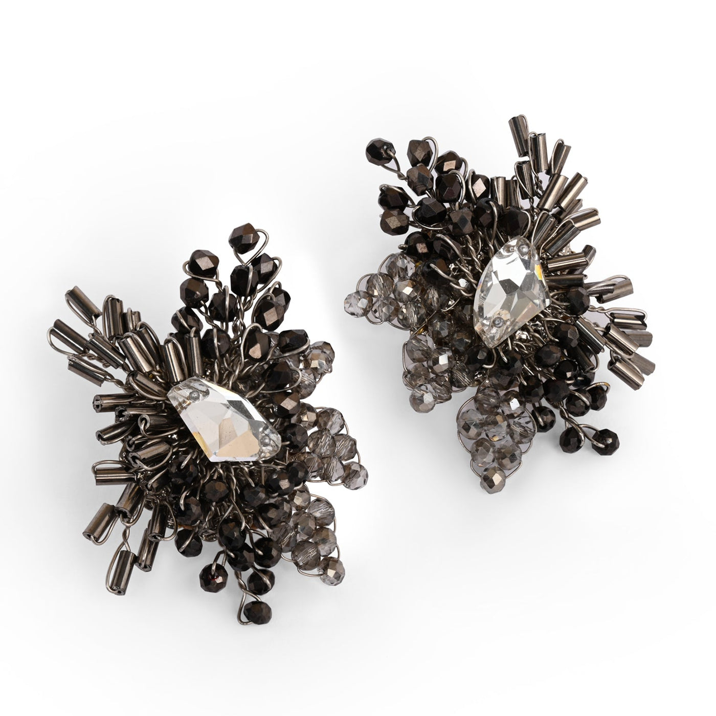 Modern Black And Silver Plated Stone Stud Earrings - BE-526-01 BLACK