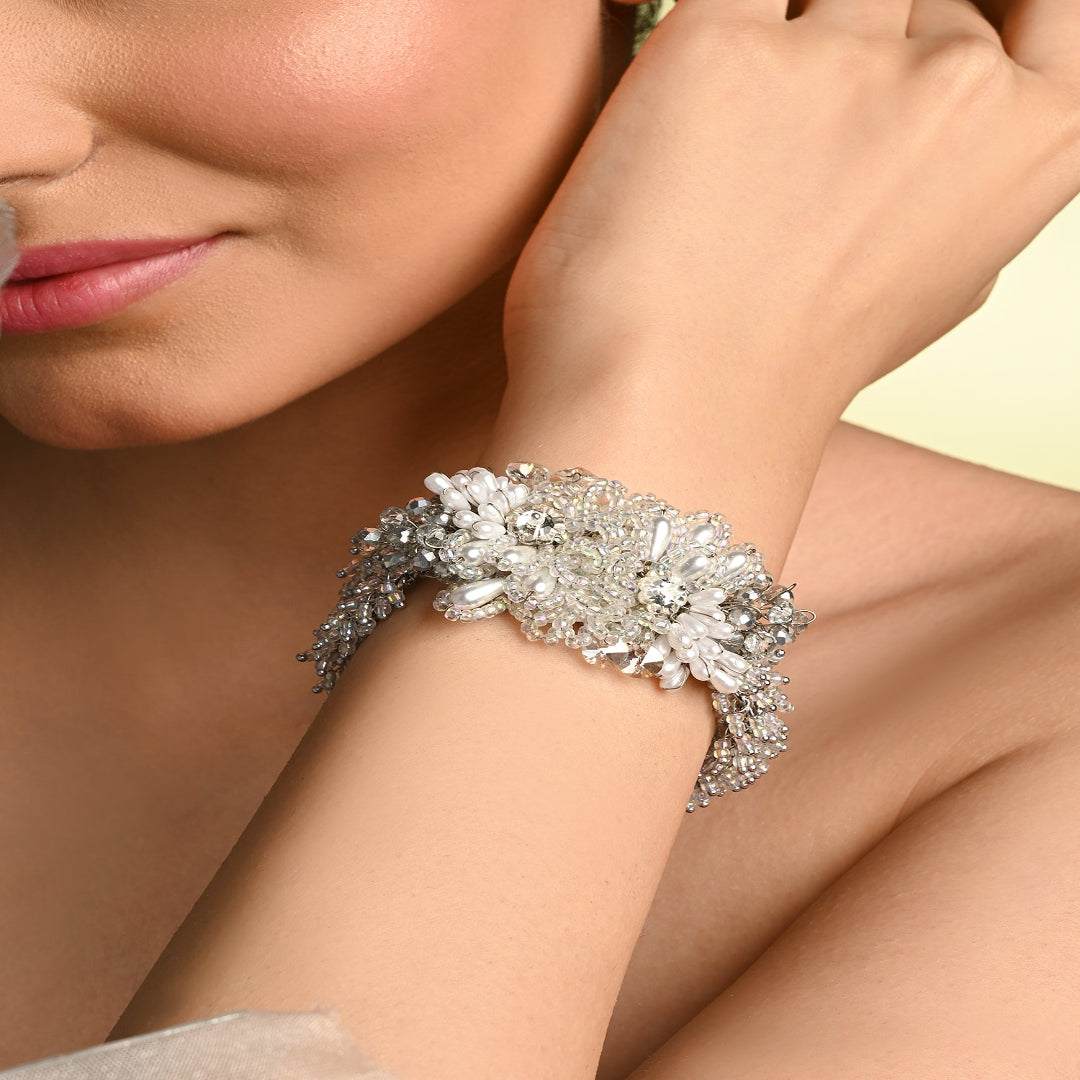 Silver Plated Pearl Festive Bracelet - BR-310-01 SILVER