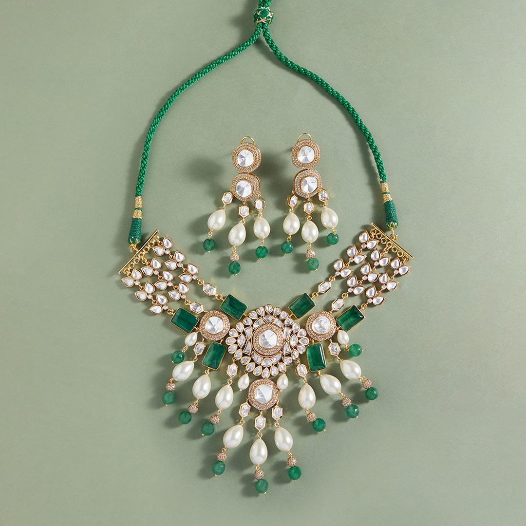 Bridal Necklace Set With Green Jades & Pearls - BRJBR23NKS4
