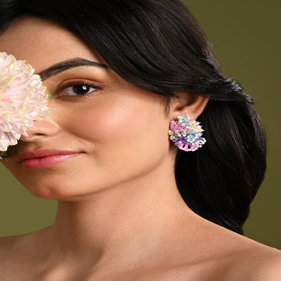 Pearl And Colourful Flower Round Stud Earrings - CKE-358-01 MULTI