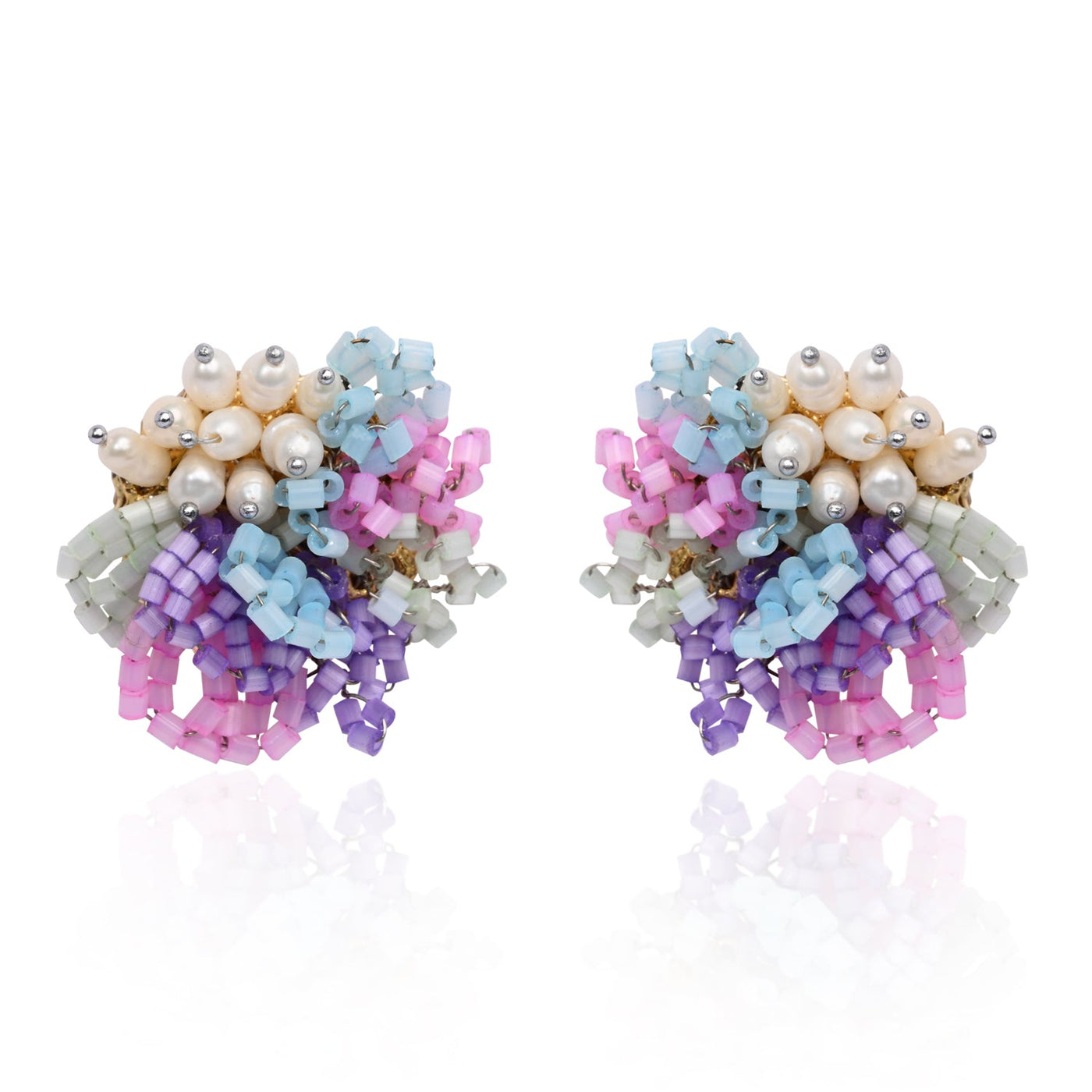 Pearl And Colourful Flower Round Stud Earrings - CKE-358-01 MULTI
