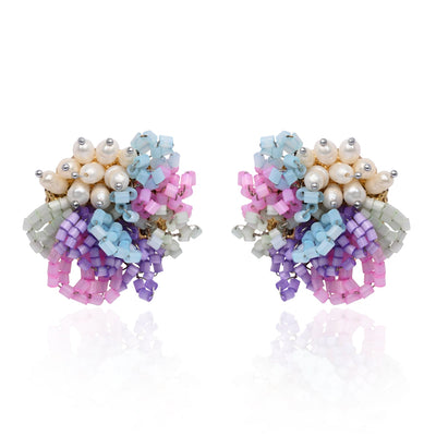 Pearl And Colourful Flower Round Stud Earrings - CKE-358-01 MULTI