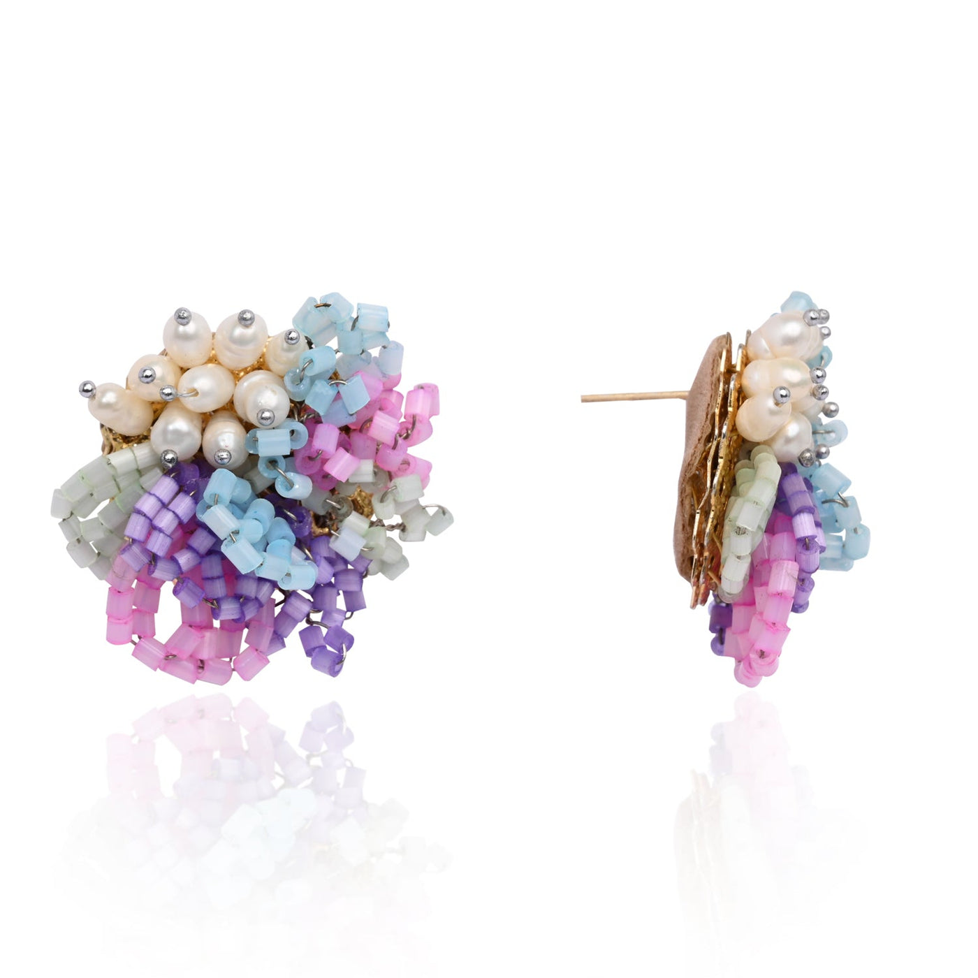 Pearl And Colourful Flower Round Stud Earrings - CKE-358-01 MULTI