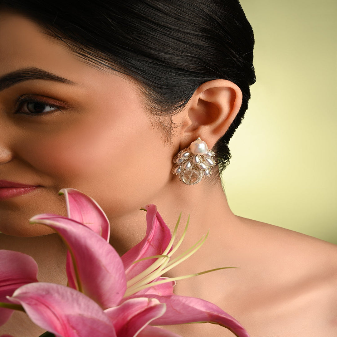 White Pearl Drop Pearl Triangle Earrings - CKE-359-01 WHITE