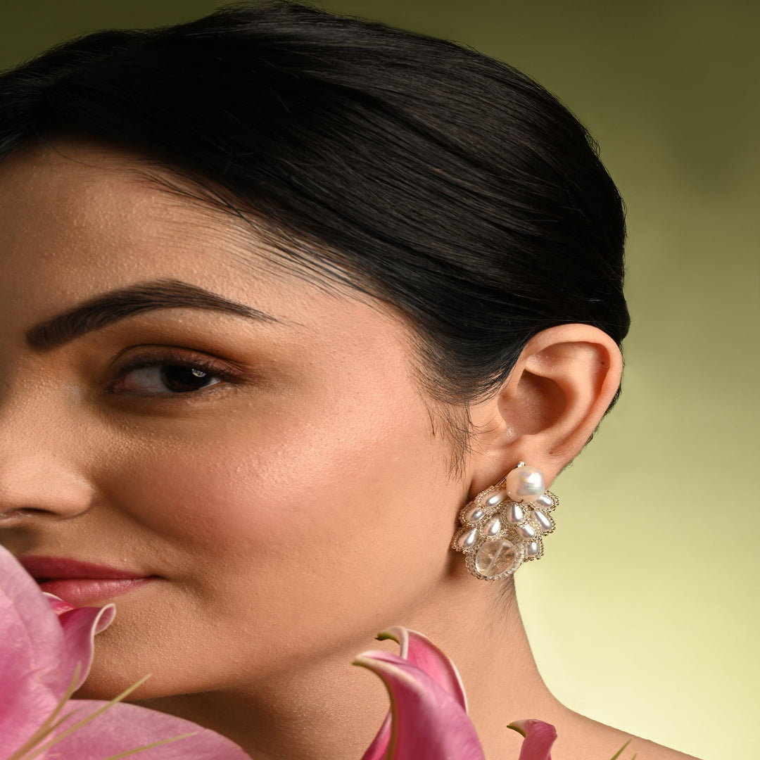 White Pearl Drop Pearl Triangle Earrings - CKE-359-01 WHITE