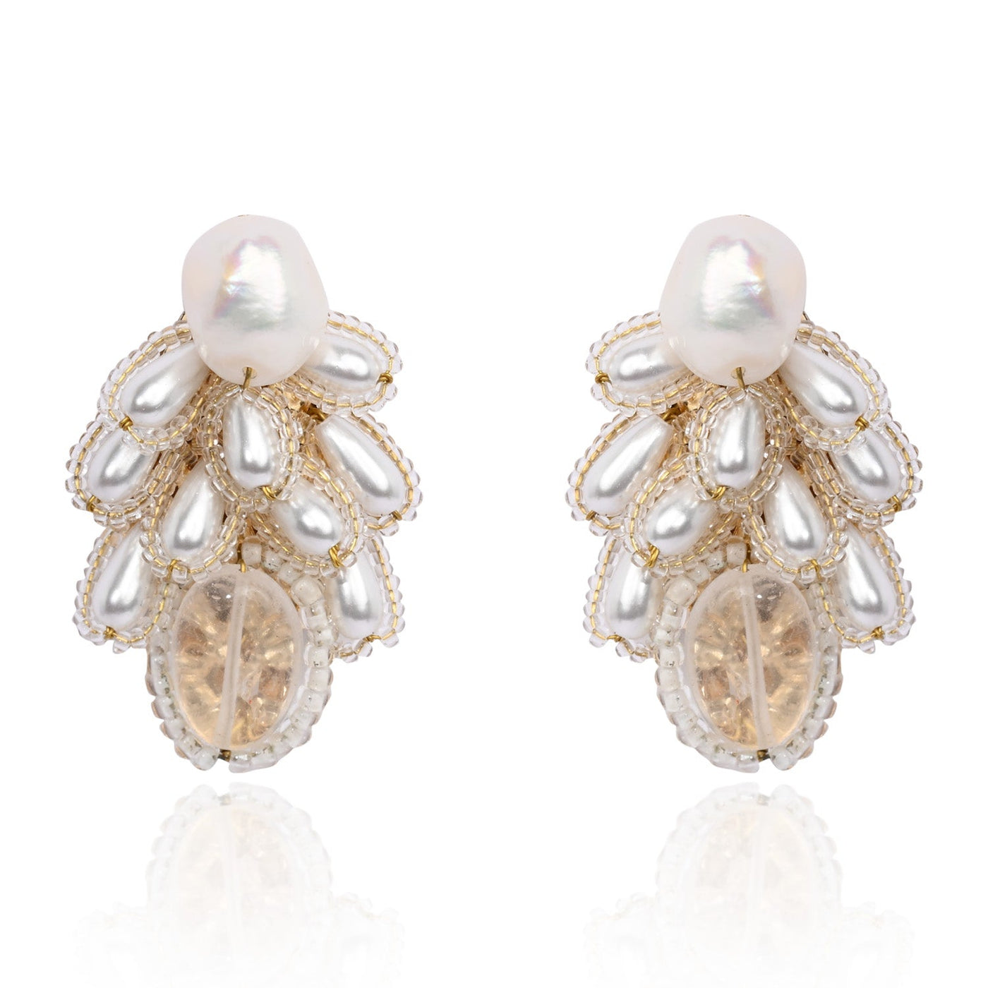 White Pearl Drop Pearl Triangle Earrings - CKE-359-01 WHITE