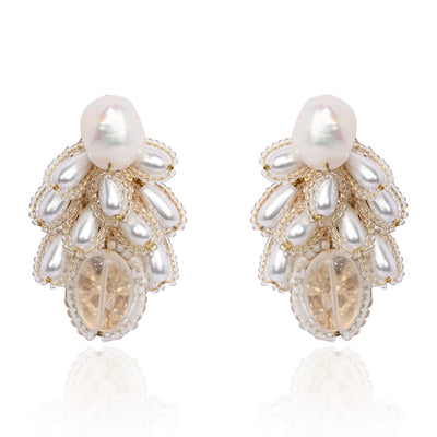 White Pearl Drop Pearl Triangle Earrings - CKE-359-01 WHITE