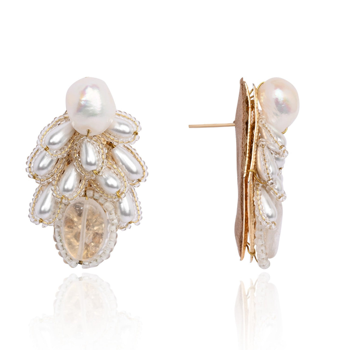 White Pearl Drop Pearl Triangle Earrings - CKE-359-01 WHITE