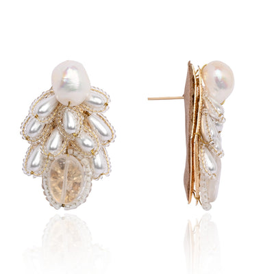 White Pearl Drop Pearl Triangle Earrings - CKE-359-01 WHITE