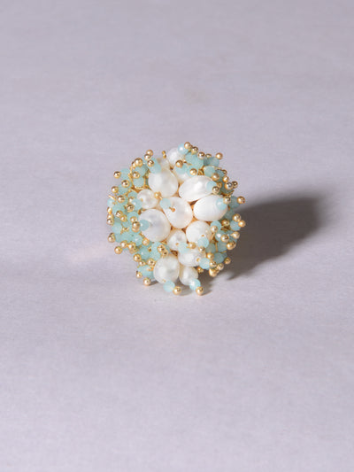 PASTEL SEA GREEN AND WHITE CONTEMPORARY PEARL RING -CKR-145-01 AQUA