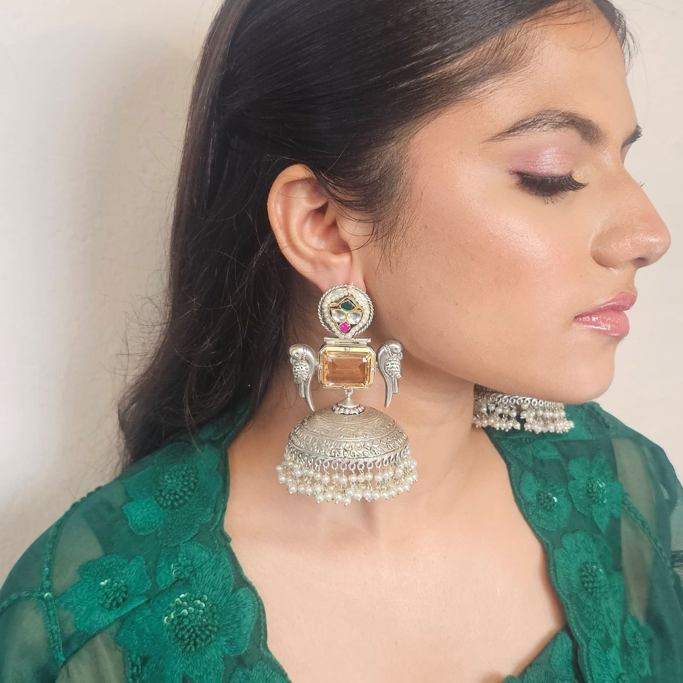 Silver Bird Motif Jhumka Earring - ERF539