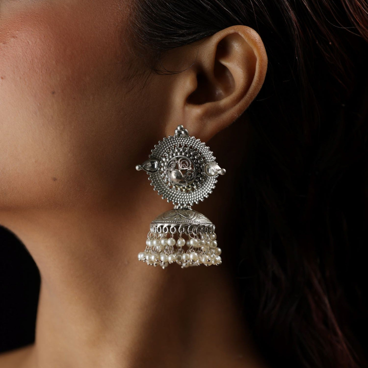 Silver Jhumka With Pearls Emblished - ERF554