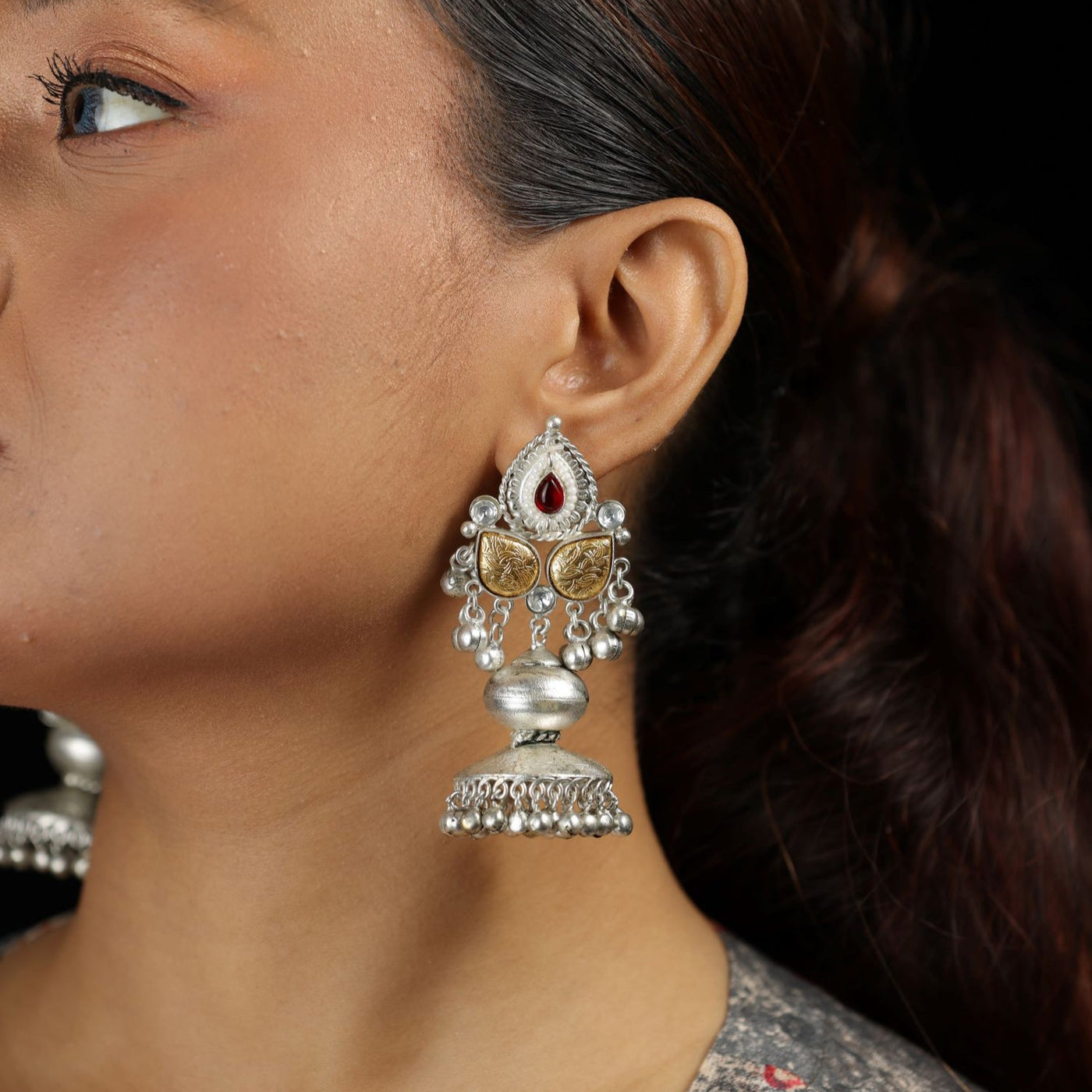 Silver Jhumkas with Red and Gold Accents - ERF555