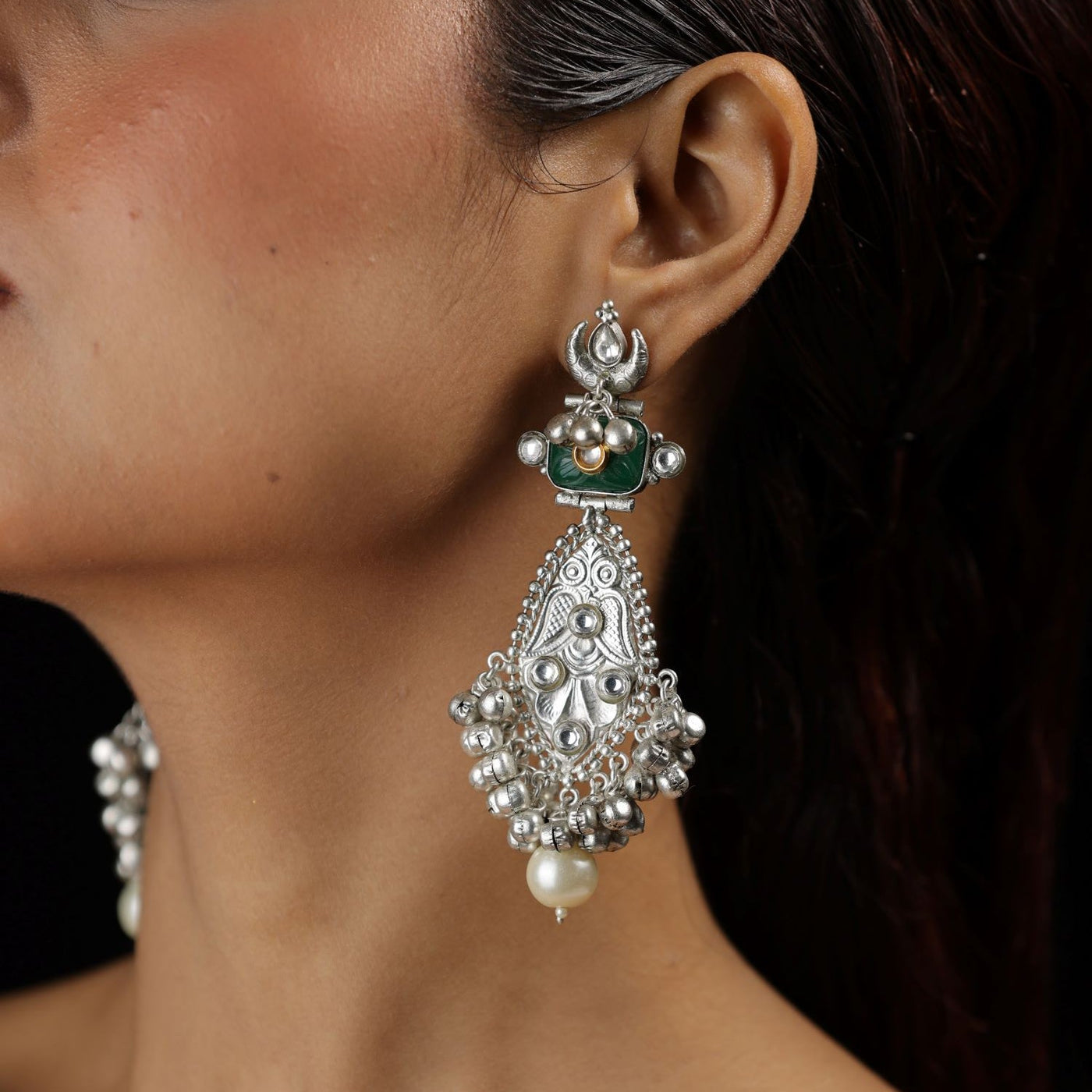 Contemporary Oxidised Drop Earrings With Greenstone - ERF556