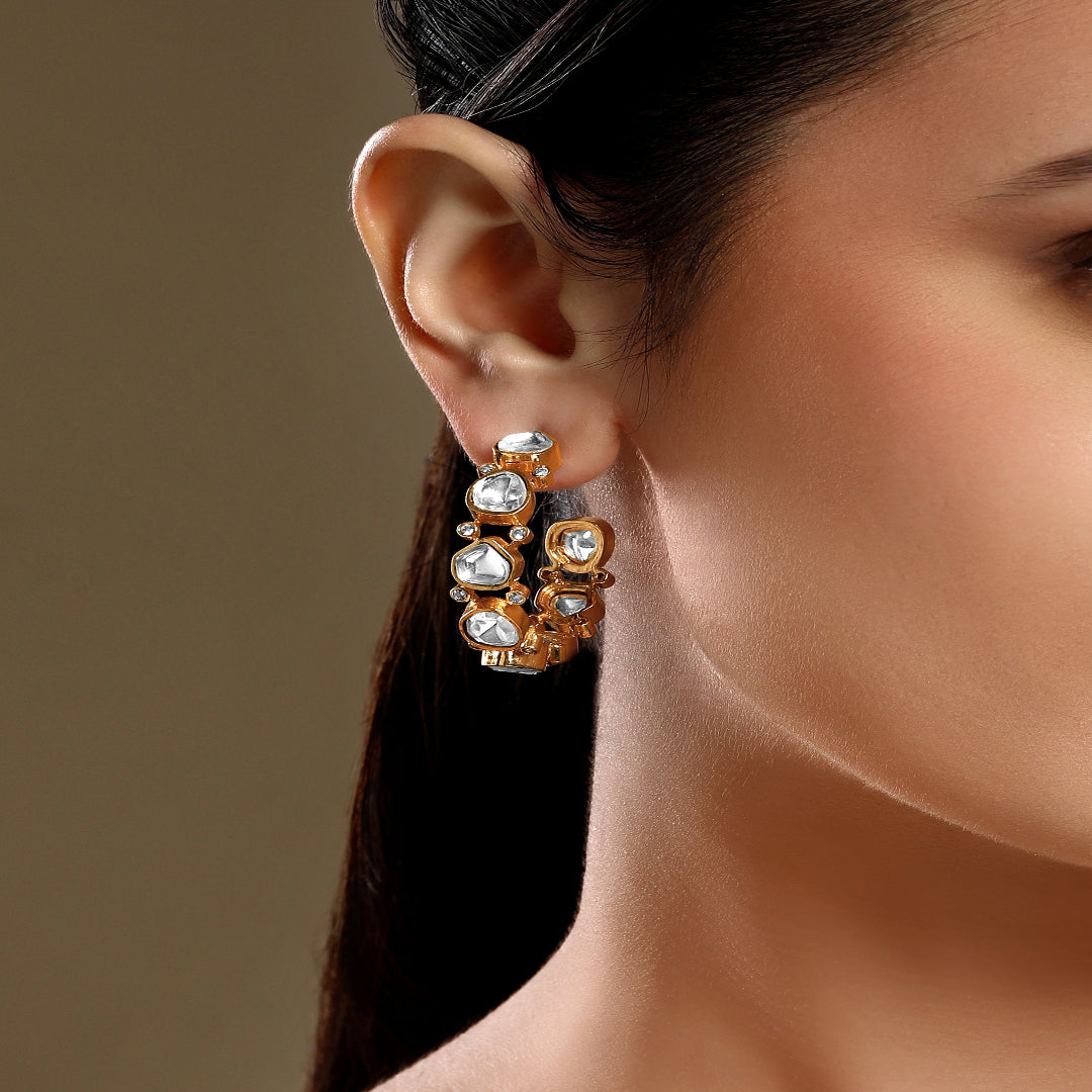 Gold Plated White Studded Hoop Earrings - HRER190