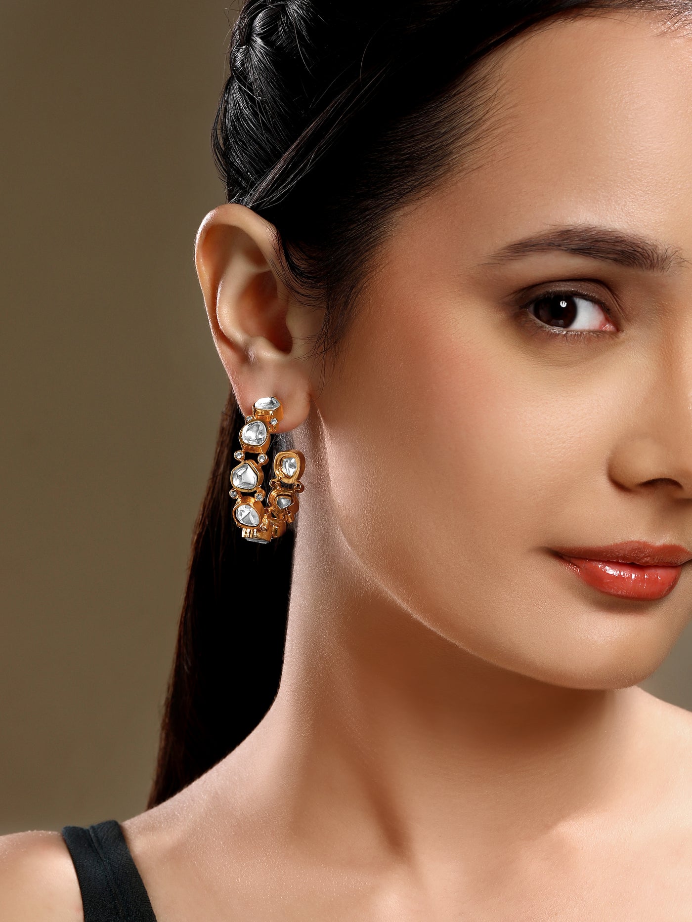 Gold Plated White Studded Hoop Earrings - HRER190