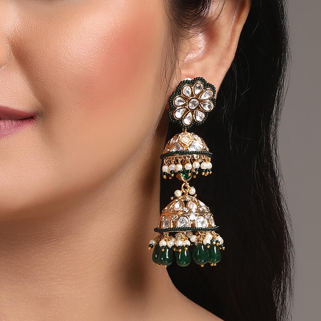 Green Kundan Jhumka Earrings - HRER 144