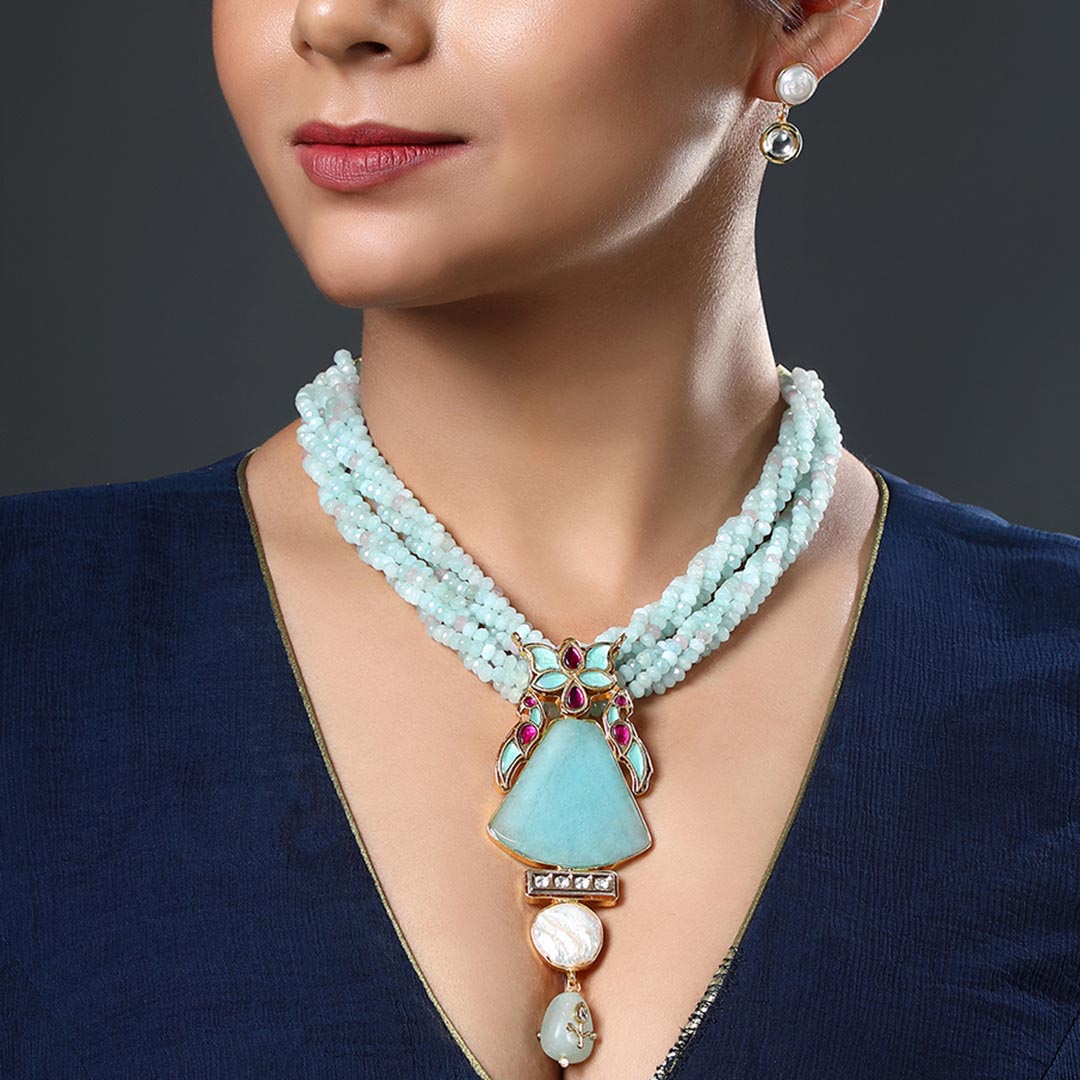 Blue Crystals Kundan Necklace Set - HRNS 262