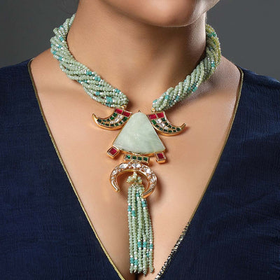 Kundan Studded Green Necklace Set - HRNS 266