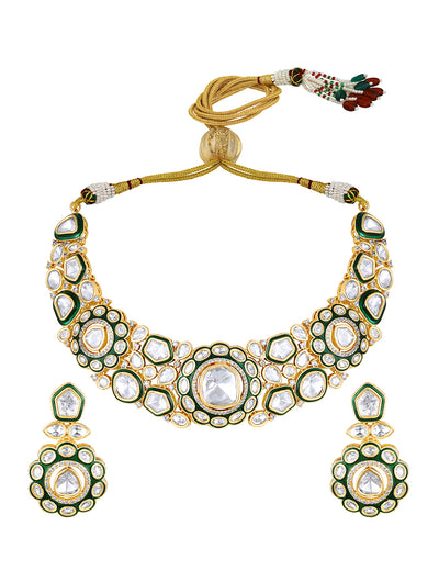 Micron Gold Polished Brass with zirconia mosanite kundan polki, hand paint meena- HRNS298