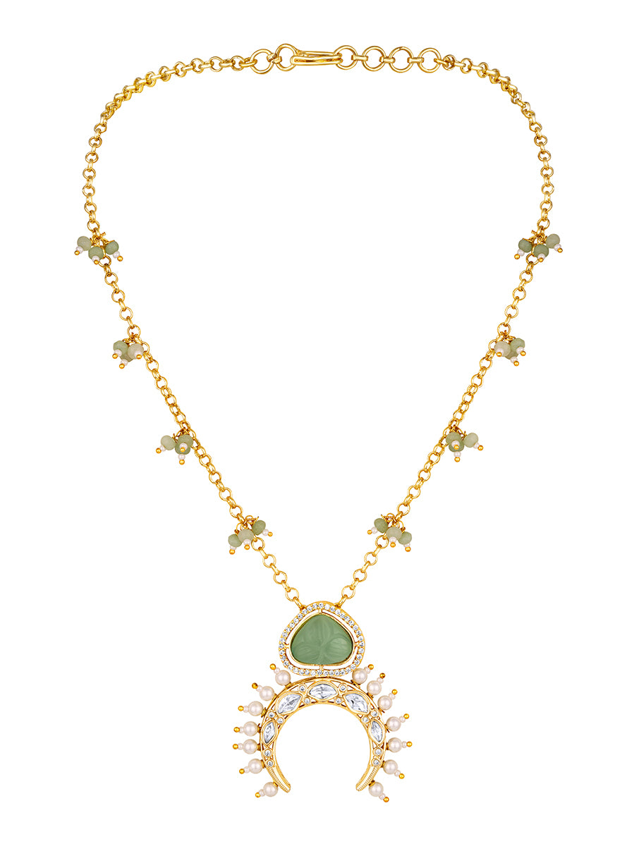 Micron Gold Polished Brass with mosanite kundan polki, Agates, carved onyx stone with zirconia, Shell pearl and brass chain-HRNS308