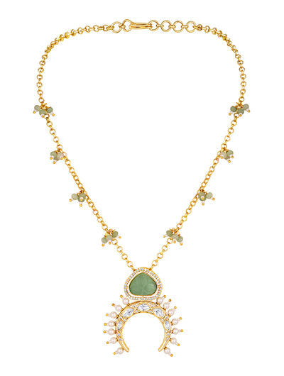 Micron Gold Polished Brass with mosanite kundan polki, Agates, carved onyx stone with zirconia, Shell pearl and brass chain-HRNS308