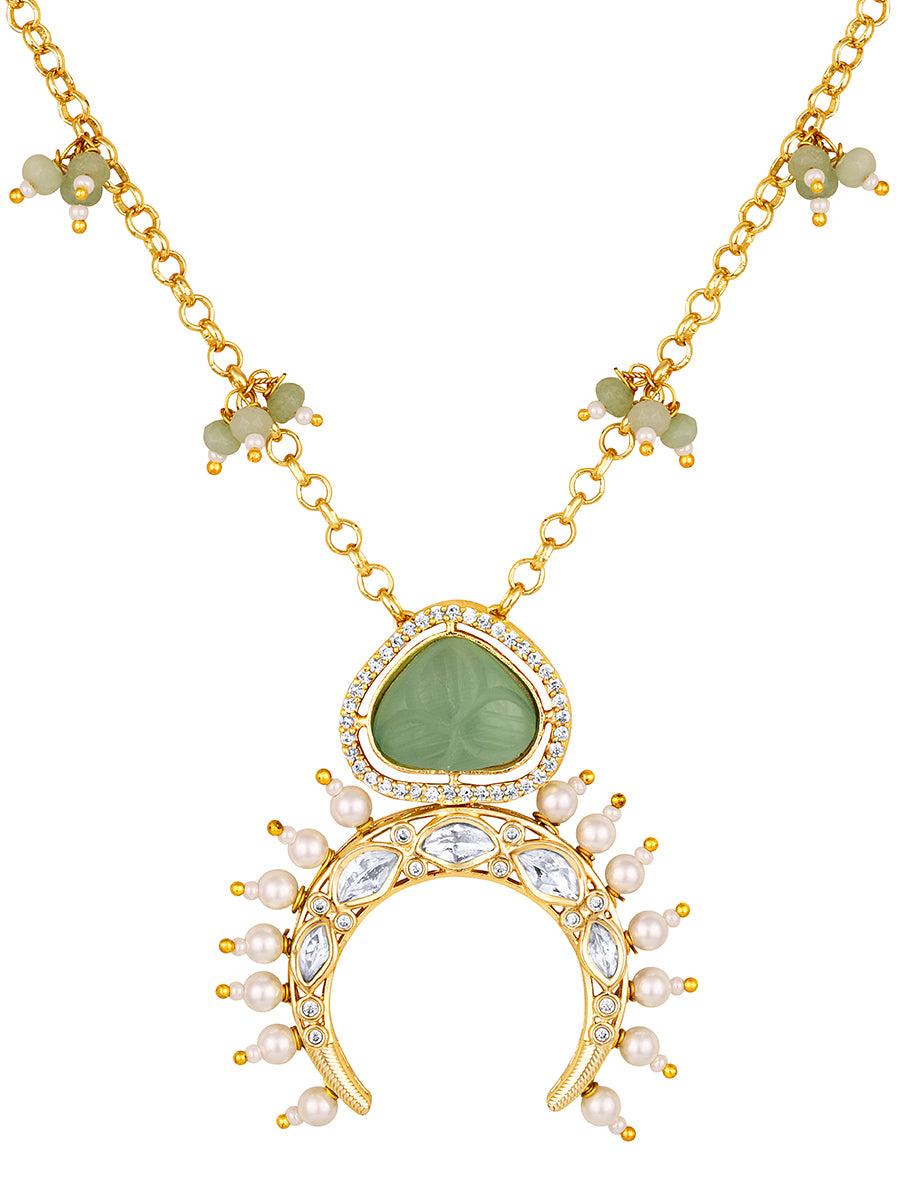 Micron Gold Polished Brass with mosanite kundan polki, Agates, carved onyx stone with zirconia, Shell pearl and brass chain-HRNS308