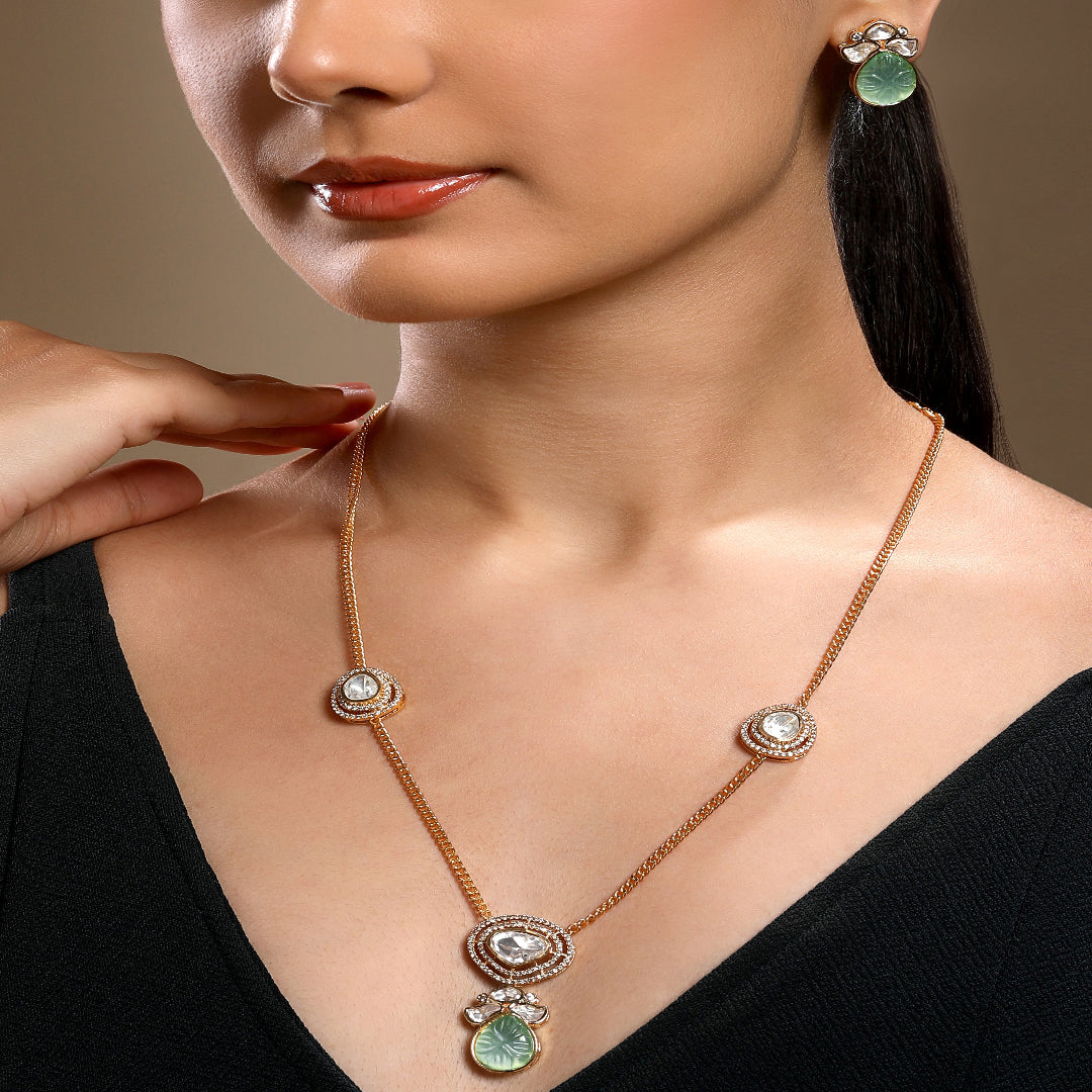 Elegant Gold-Plated Necklace Set with Green Drop Pendant- HRNS344