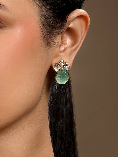 Elegant Gold-Plated Necklace Set with Green Drop Pendant- HRNS344