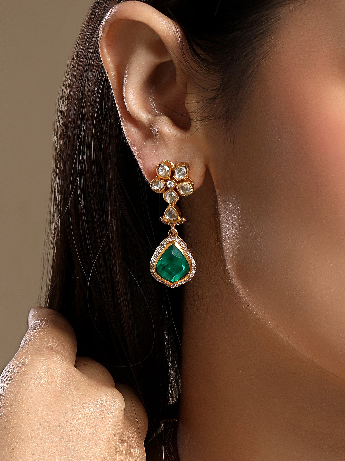 Moissanite Kundan Polki & Emerald Doublet Necklace Set- HRNS352