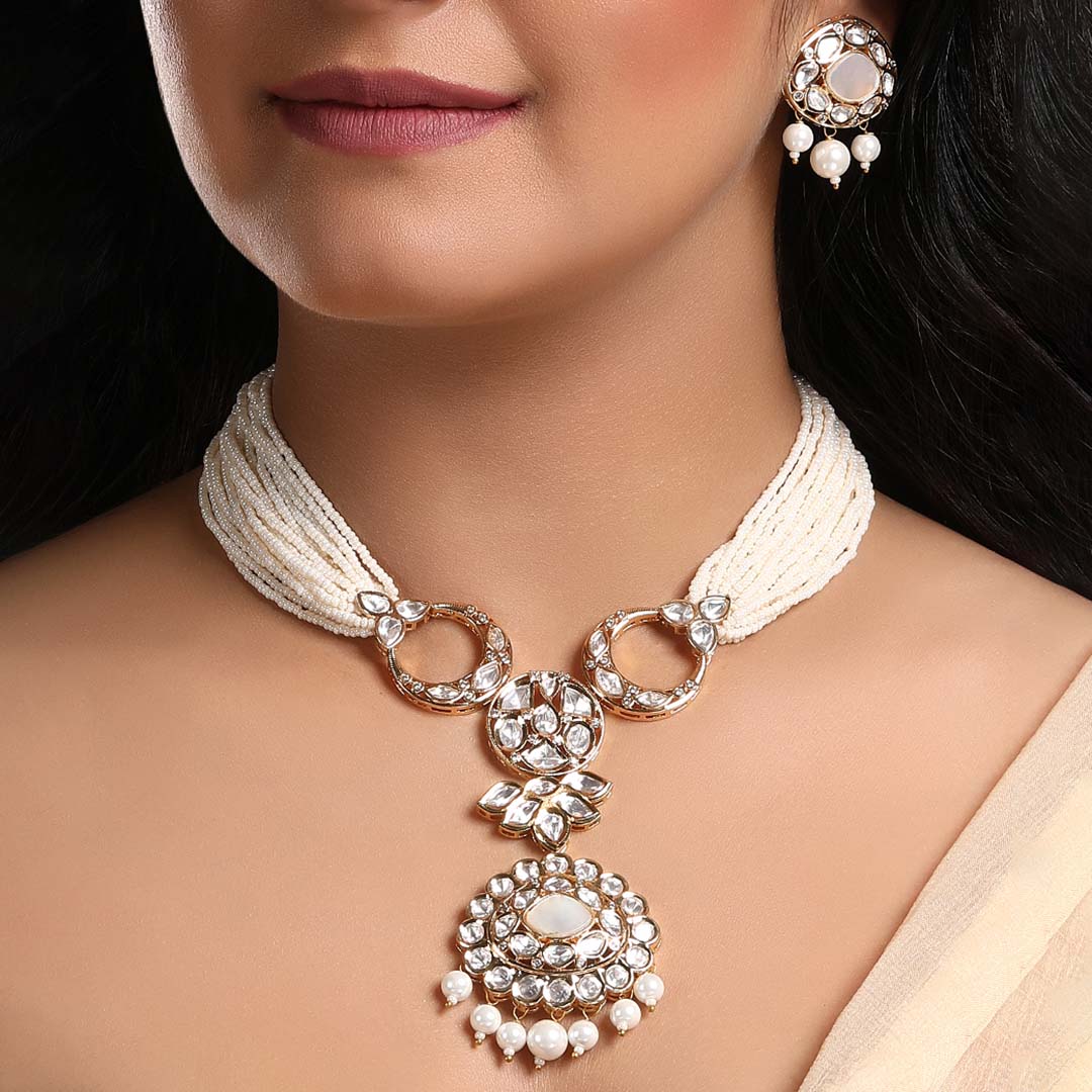 Pearl Necklace Set With Kundan Polki - HRNS 245