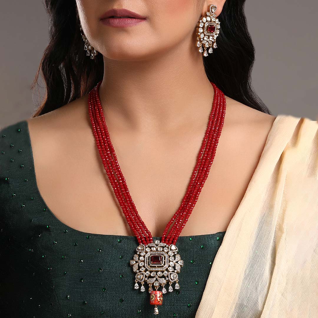 Red Beads Necklace Set With Kundan Polki - HRNS 247