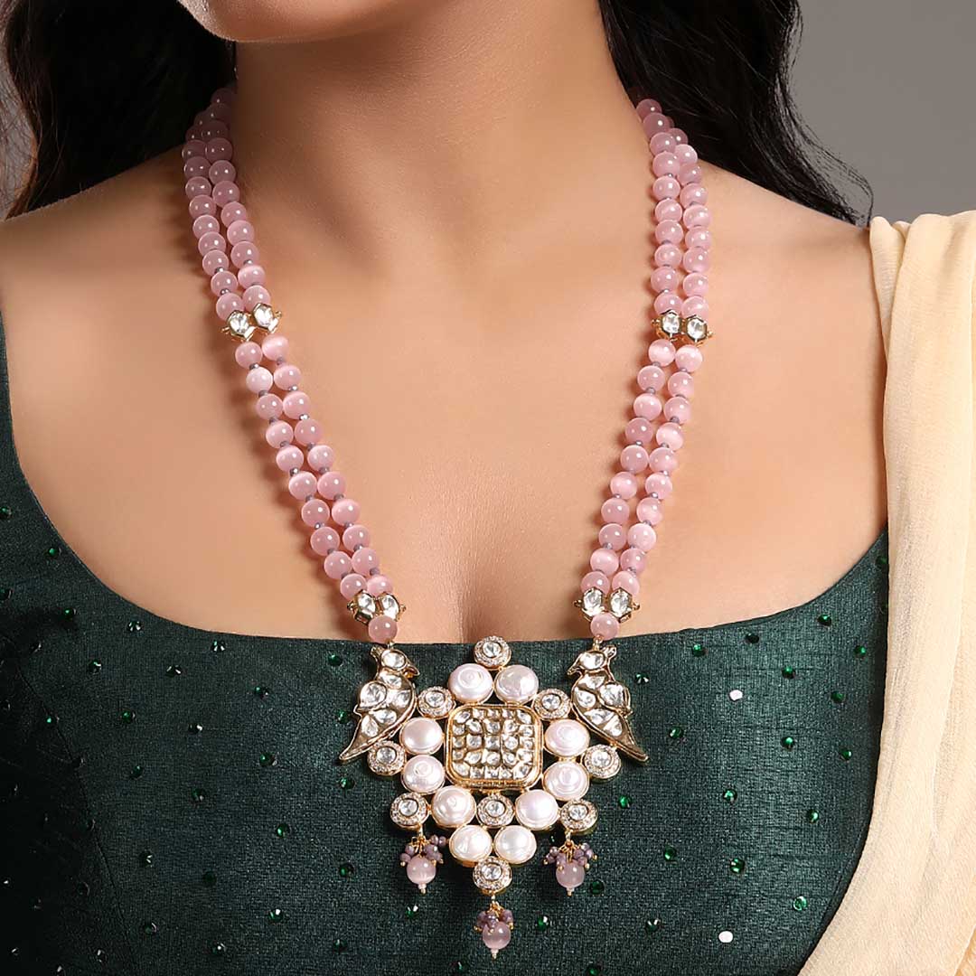 Pink Crystals Parrot Long Necklace Set - HRNS 251
