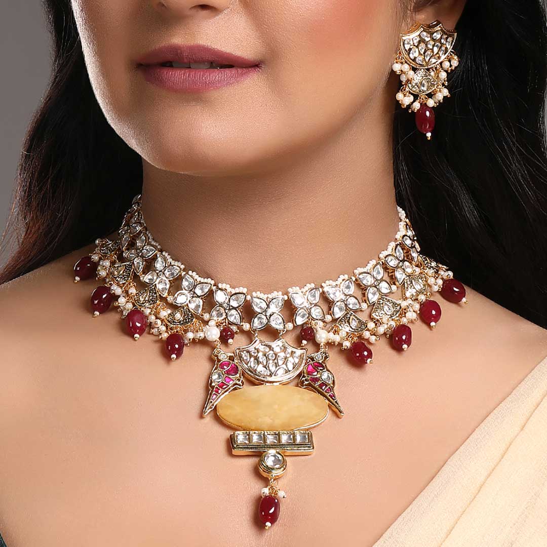 Ruby Beaded Parrot Necklace Set - HRNS 257