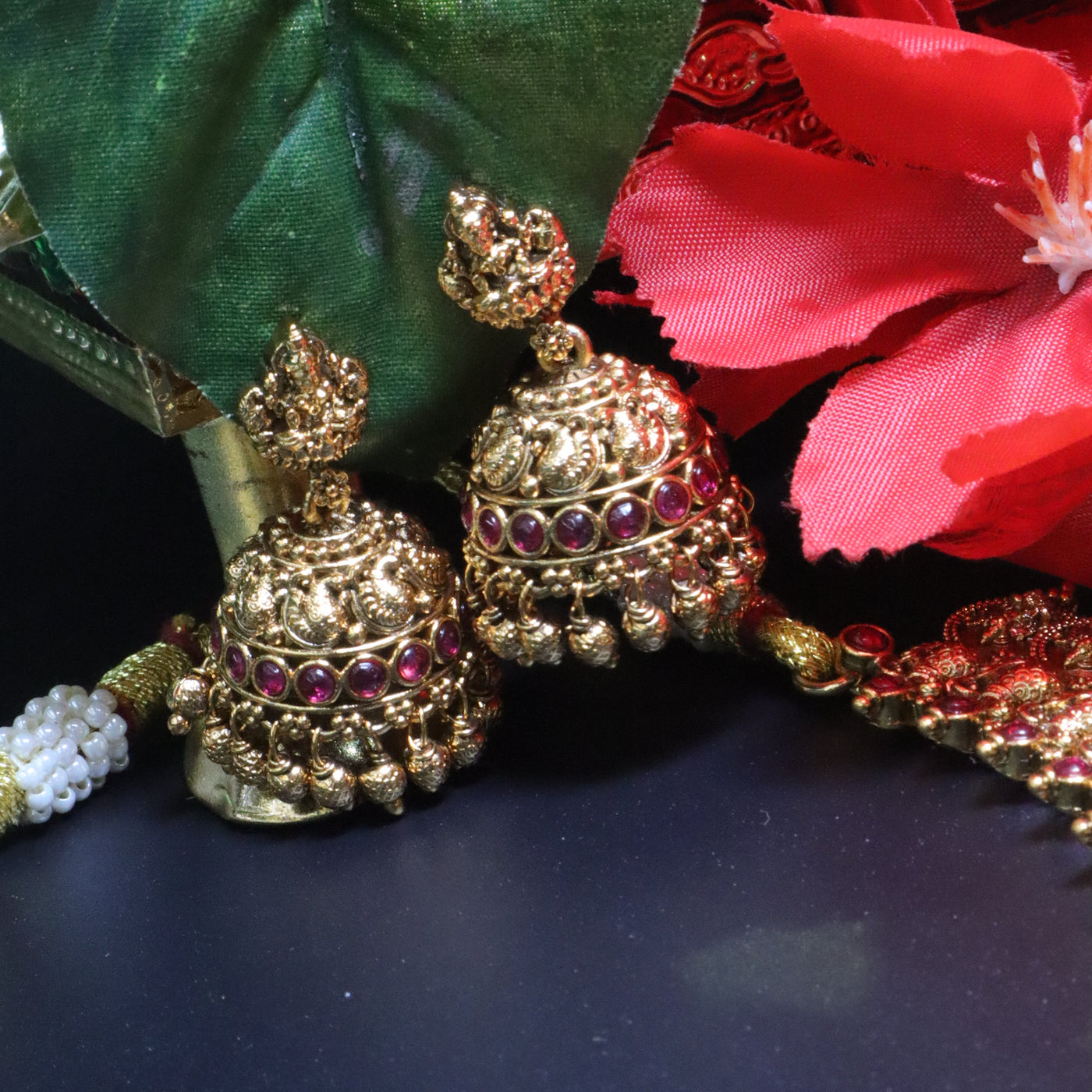 Antique Gold Coin Necklace Set with Ruby Accents - SIA453994