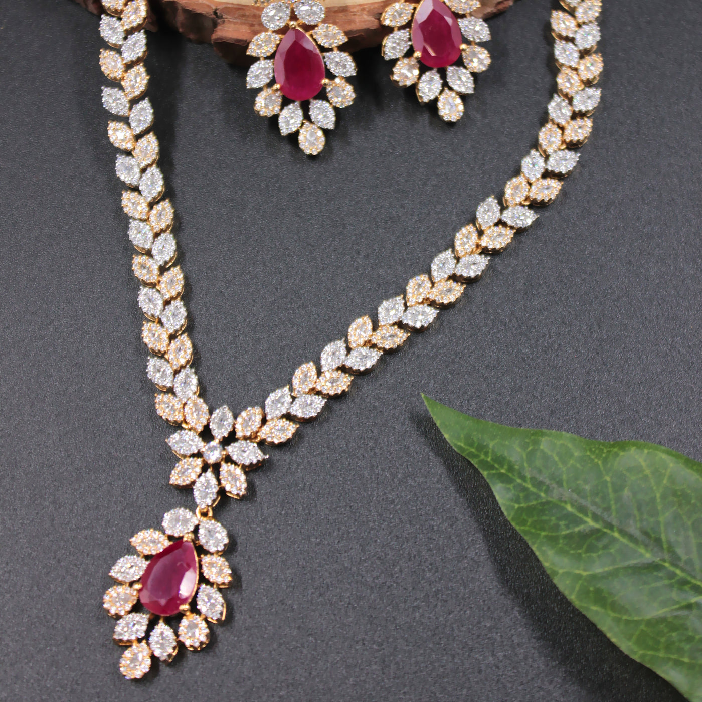 Ruby Red Teardrop Necklace Set with Leaf Motif -SIA450104