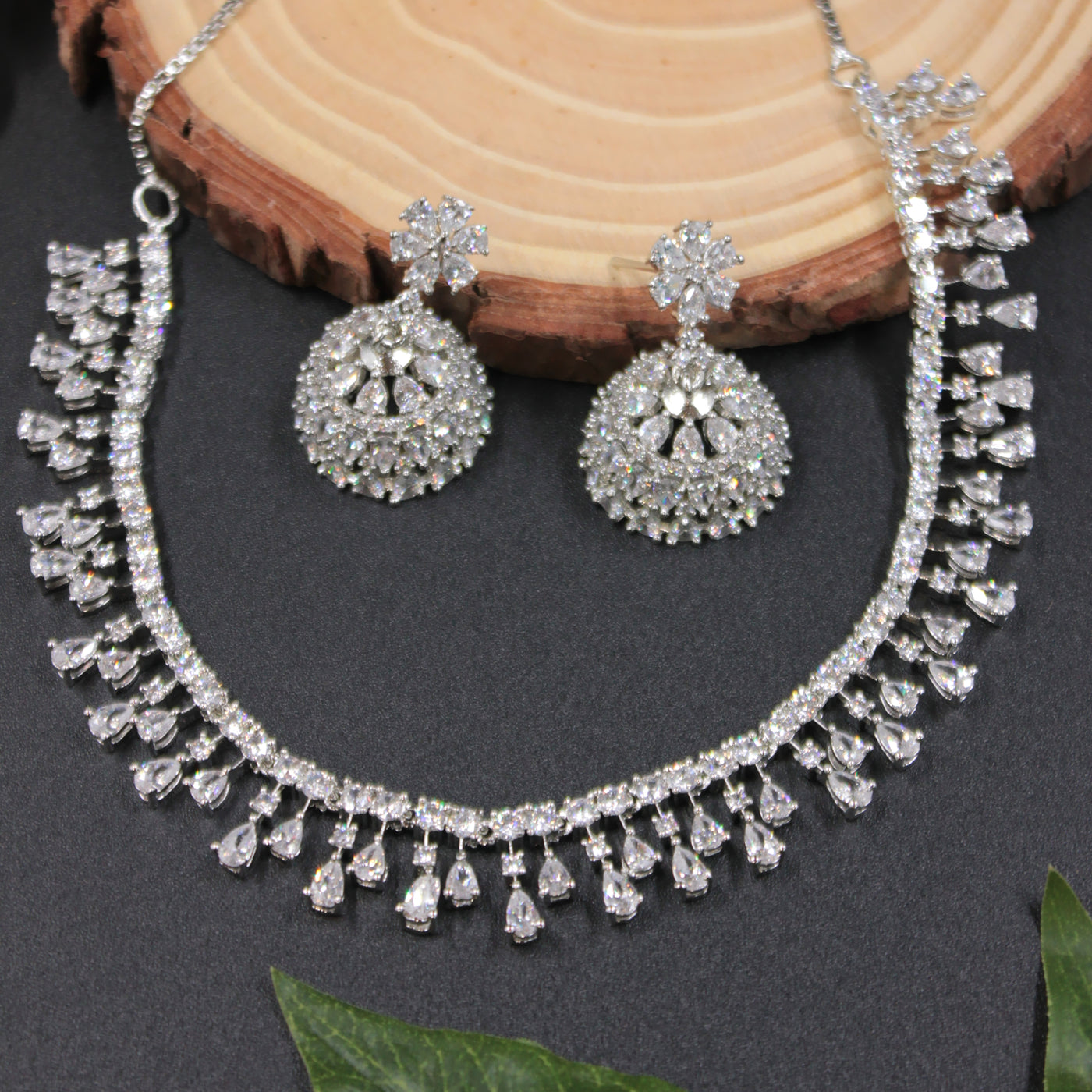 Silver Sparkle Teardrop Necklace Set with Dome Jhumka Earrings - SIA451386