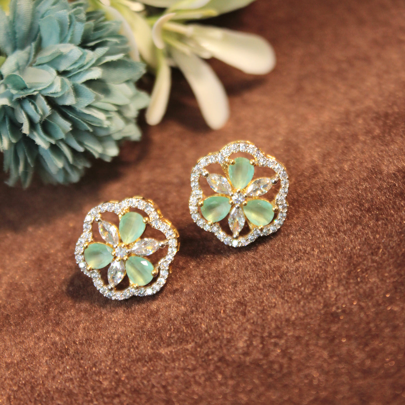 Mint Green Floral Stud Earrings with CZ Petals - SIA451438_B