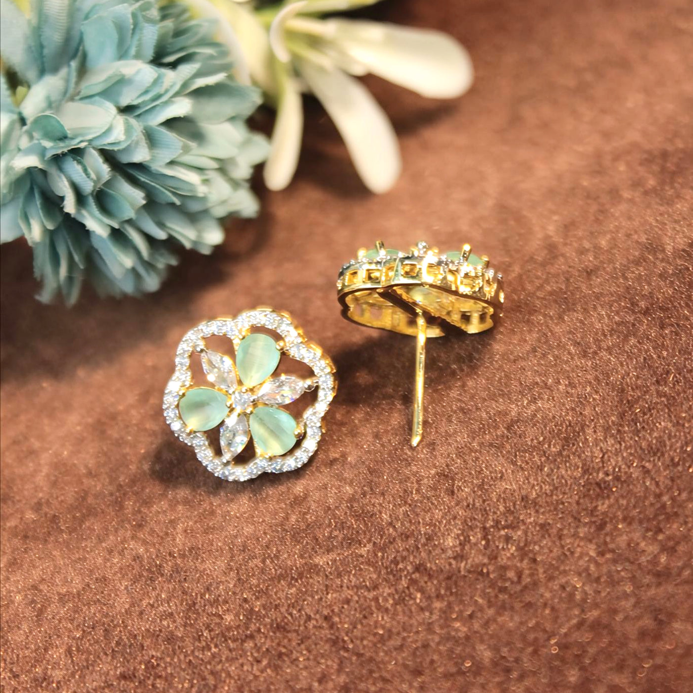 Mint Green Floral Stud Earrings with CZ Petals - SIA451438_B