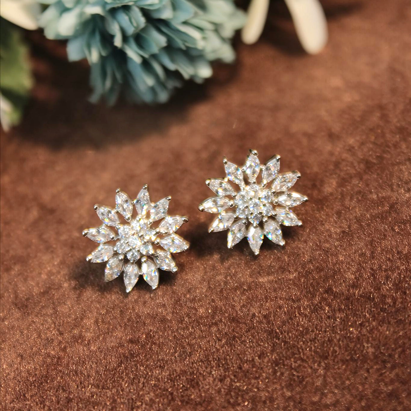 Rhodium Floral Teardrop Crystal Earrings -SIA451445