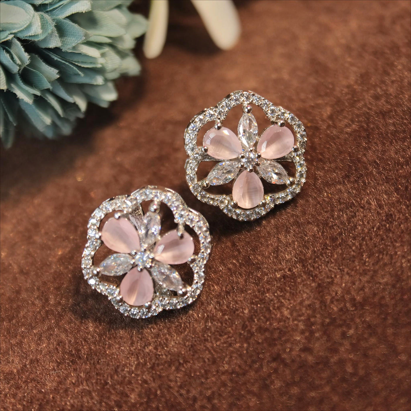 Blush Pink Teardrop Floral Stud Earrings with Silver Crystal Border - SIA451439