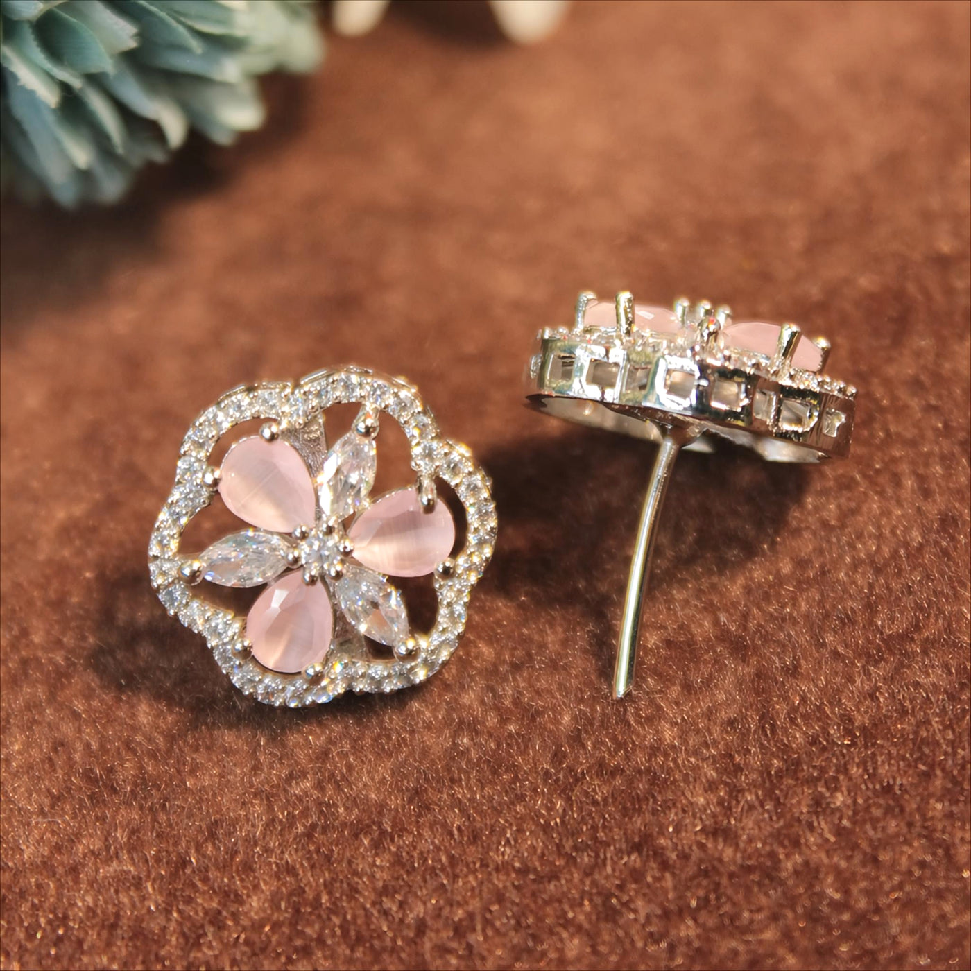 Blush Pink Teardrop Floral Stud Earrings with Silver Crystal Border - SIA451439