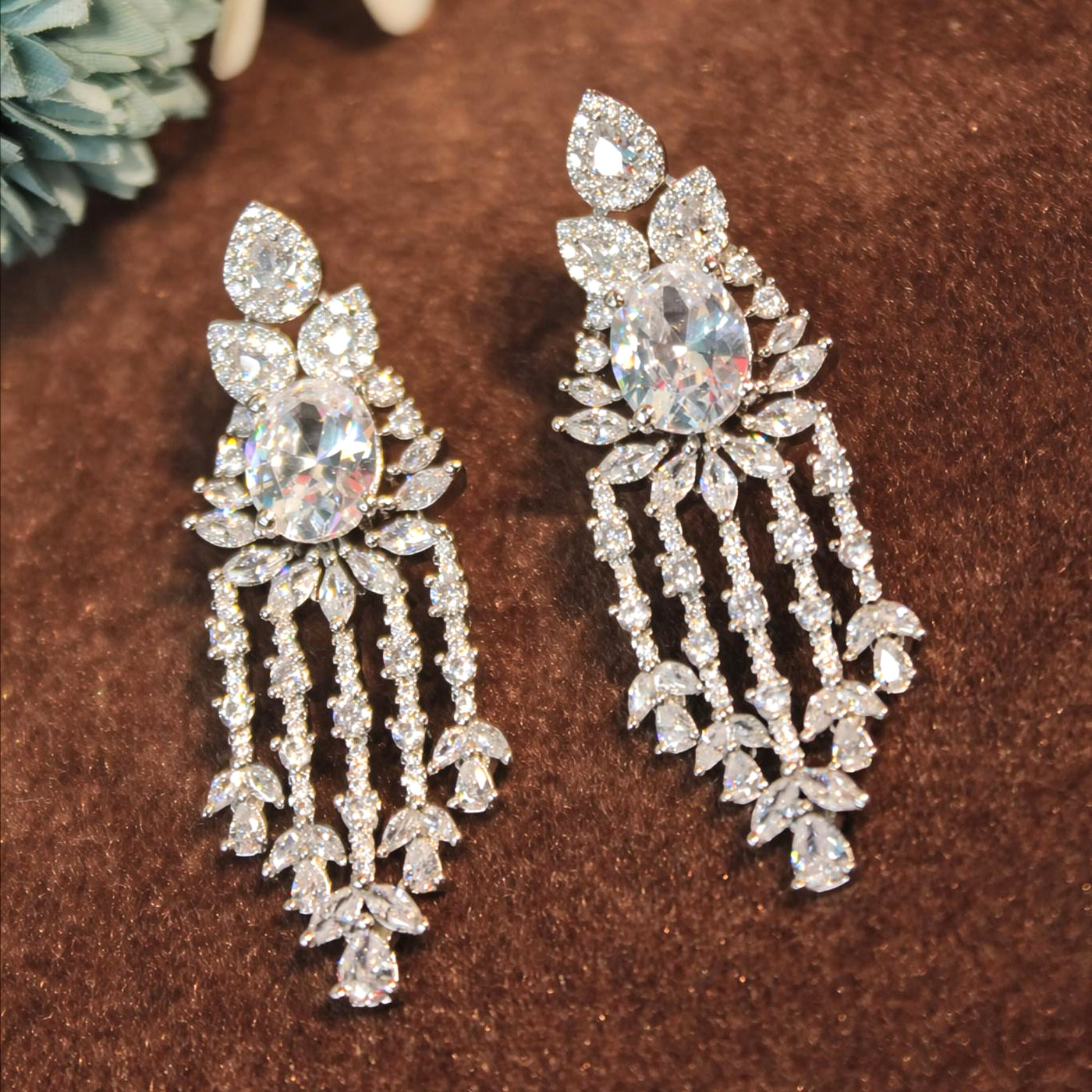 Oval-Cut Silver Chandelier Earrings with Cascading Crystals - SIA451431_A