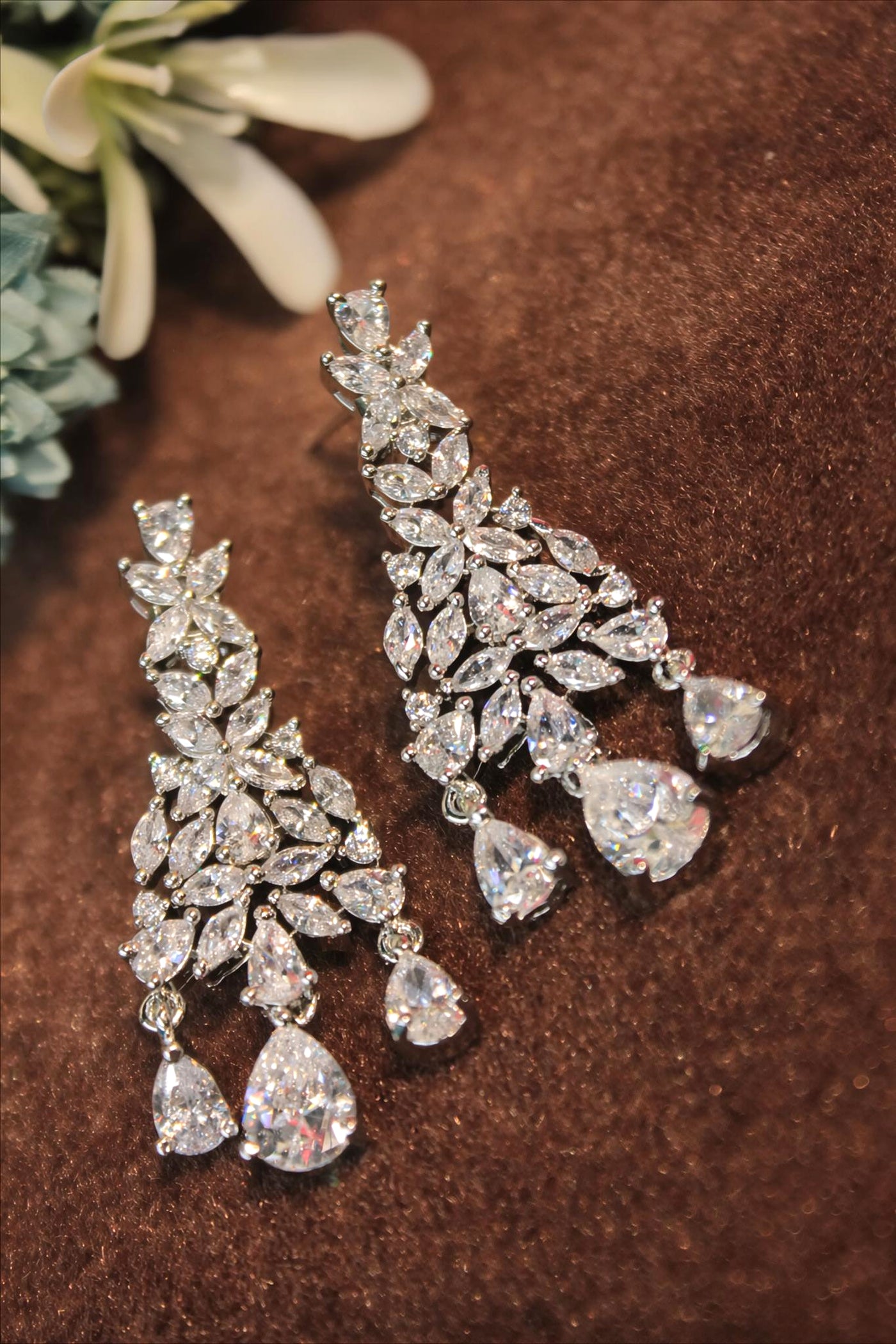 Floral Teardrop Chandelier Earrings – Silver & Clear CZ - SIA451425_A