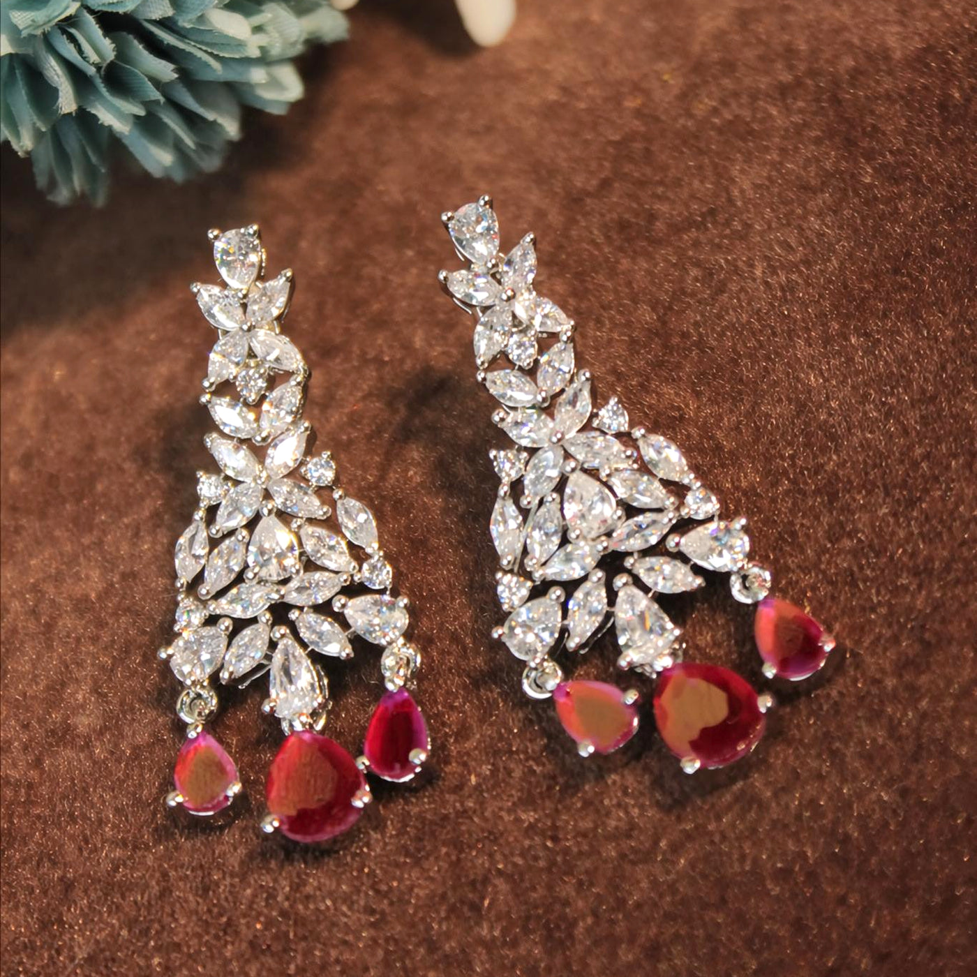 Floral Crystal Drop Earrings with Red Teardrops - SIA451425