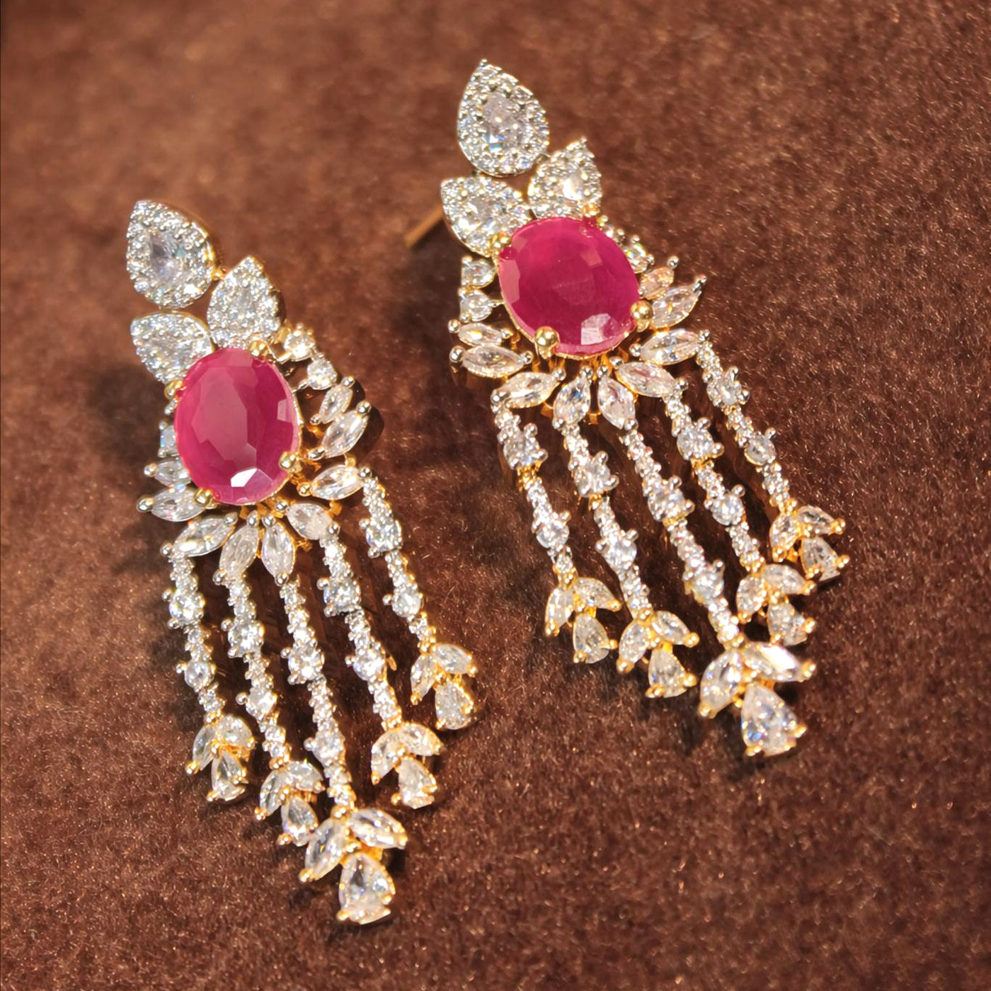 Emerald Pink Teardrop Cascade Earrings with Diamond Floral Fringe - SIA451430